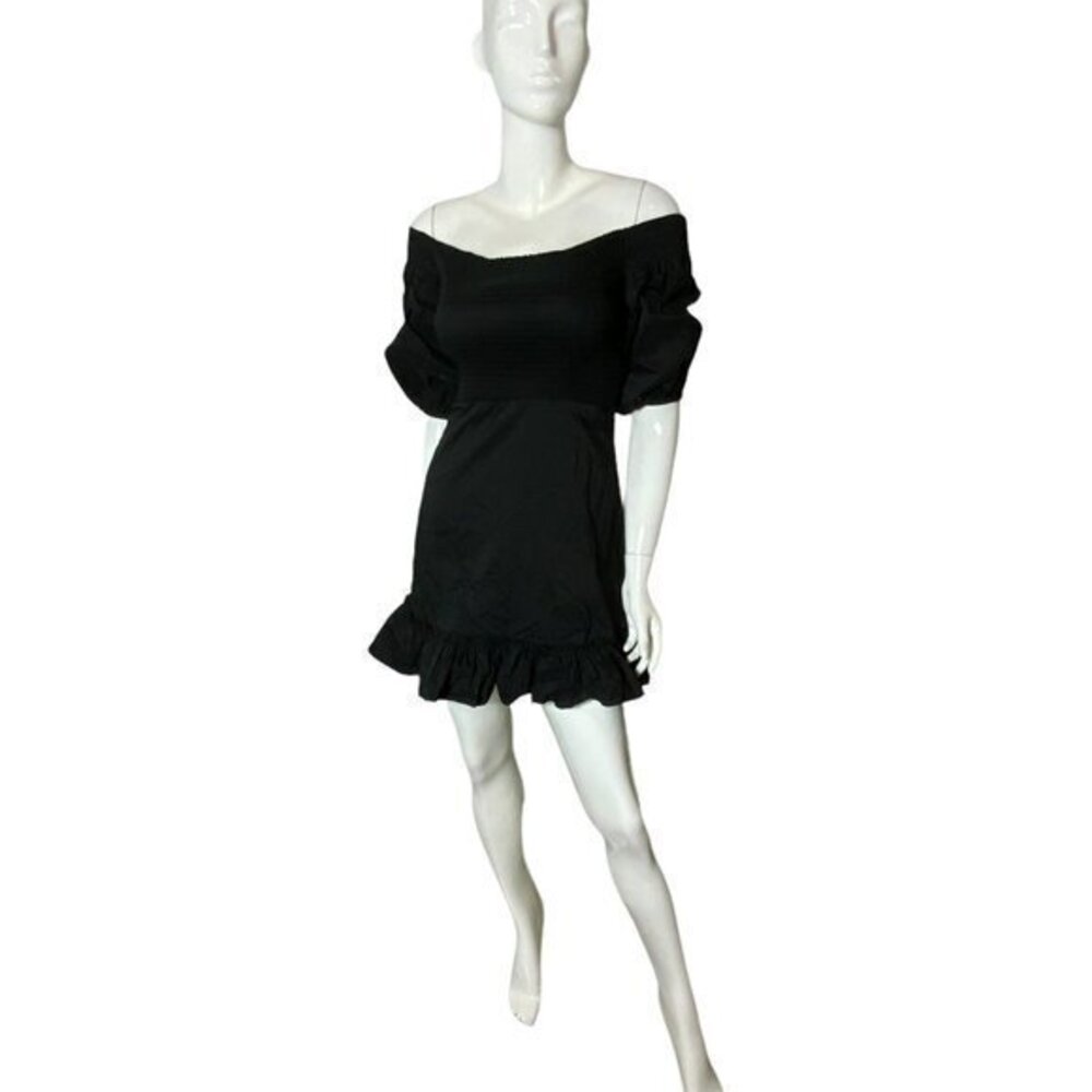 Olivaceous shirred off shoulder‎ mini dress small ruched ruffle black